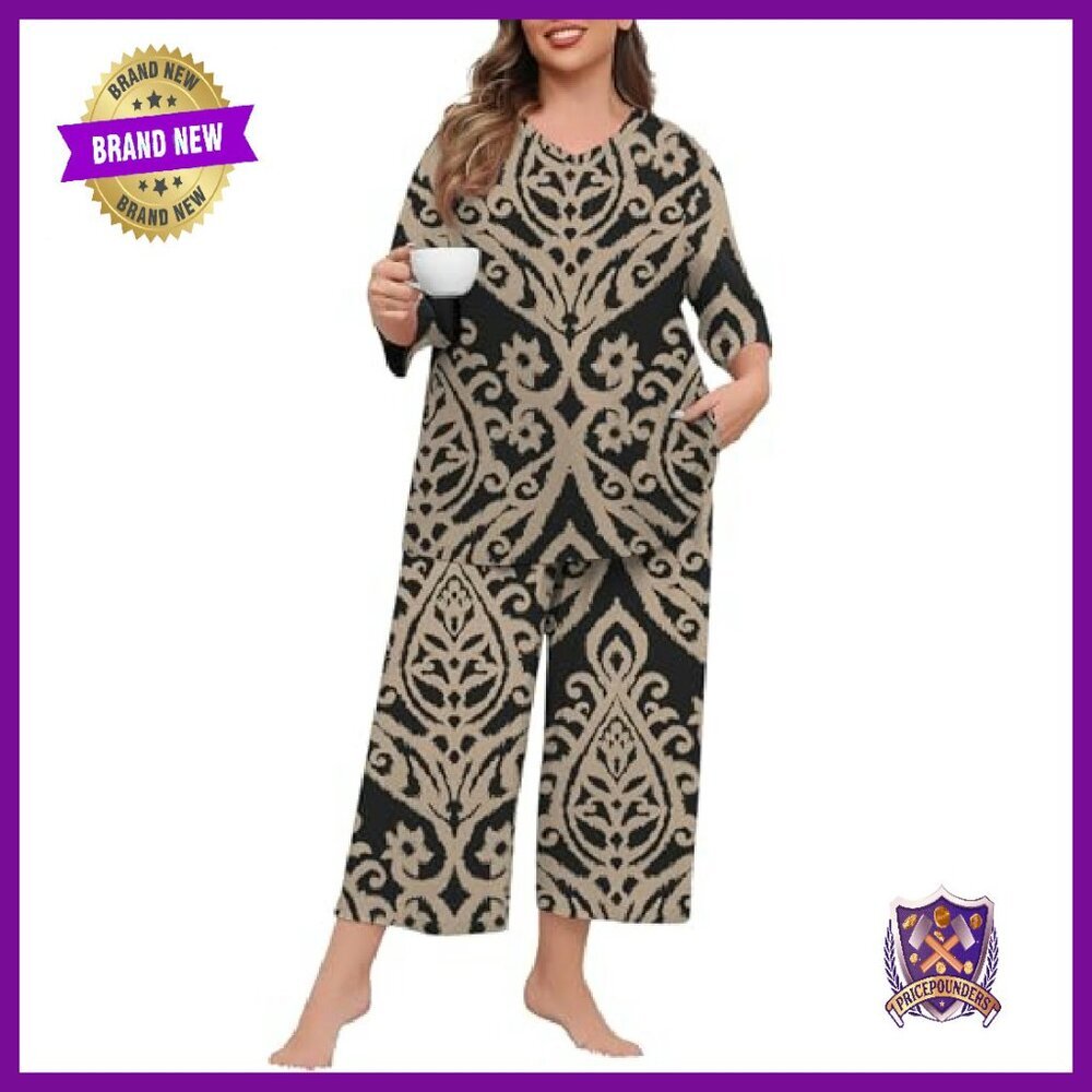 Plus Size Pajama Set V-Neck Capri Pants Soft Knit Sleepwear Loungewear - Picture 2 of 7